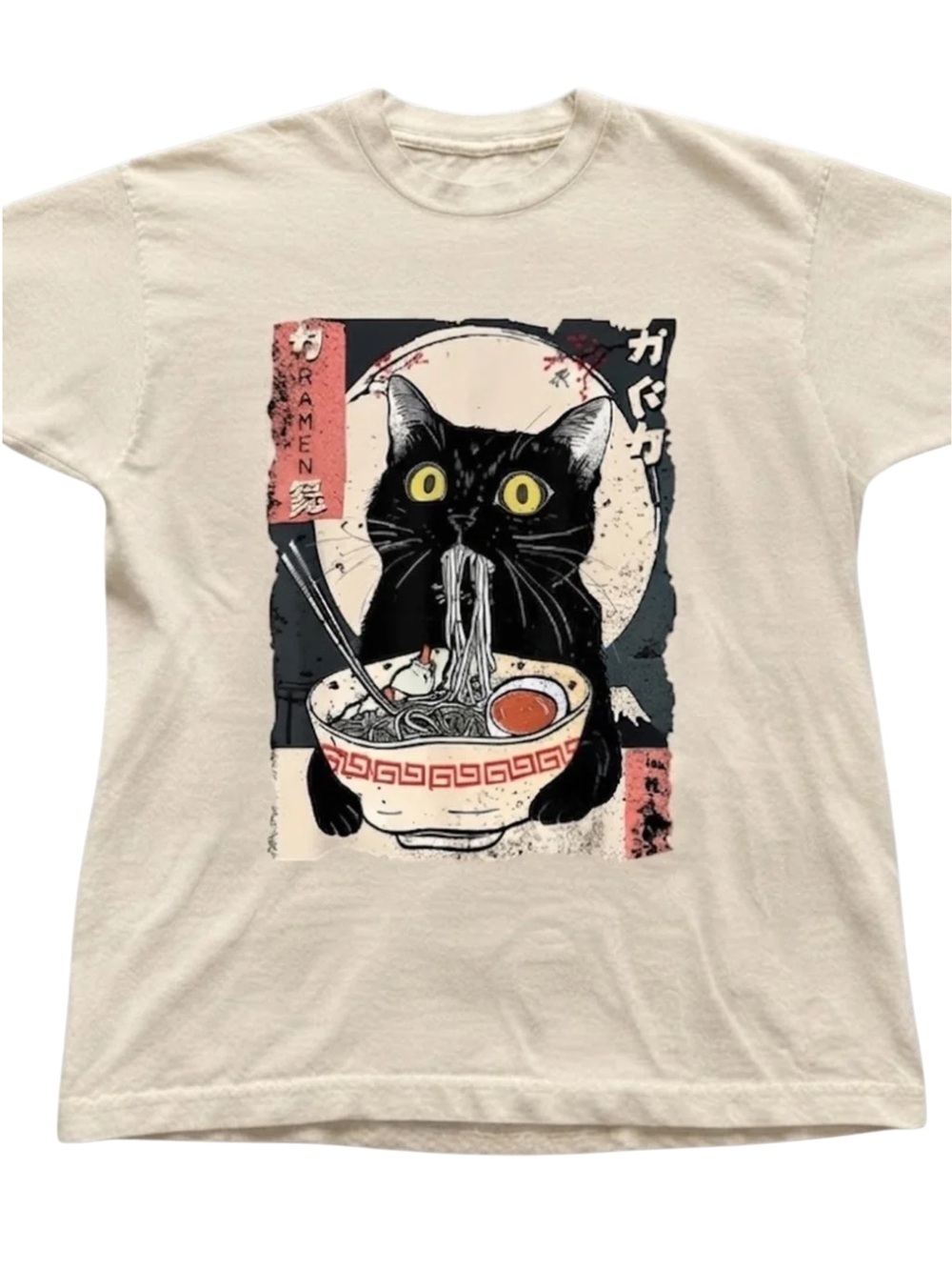Black Cat Ramen Graphic T-Shirt - Cream